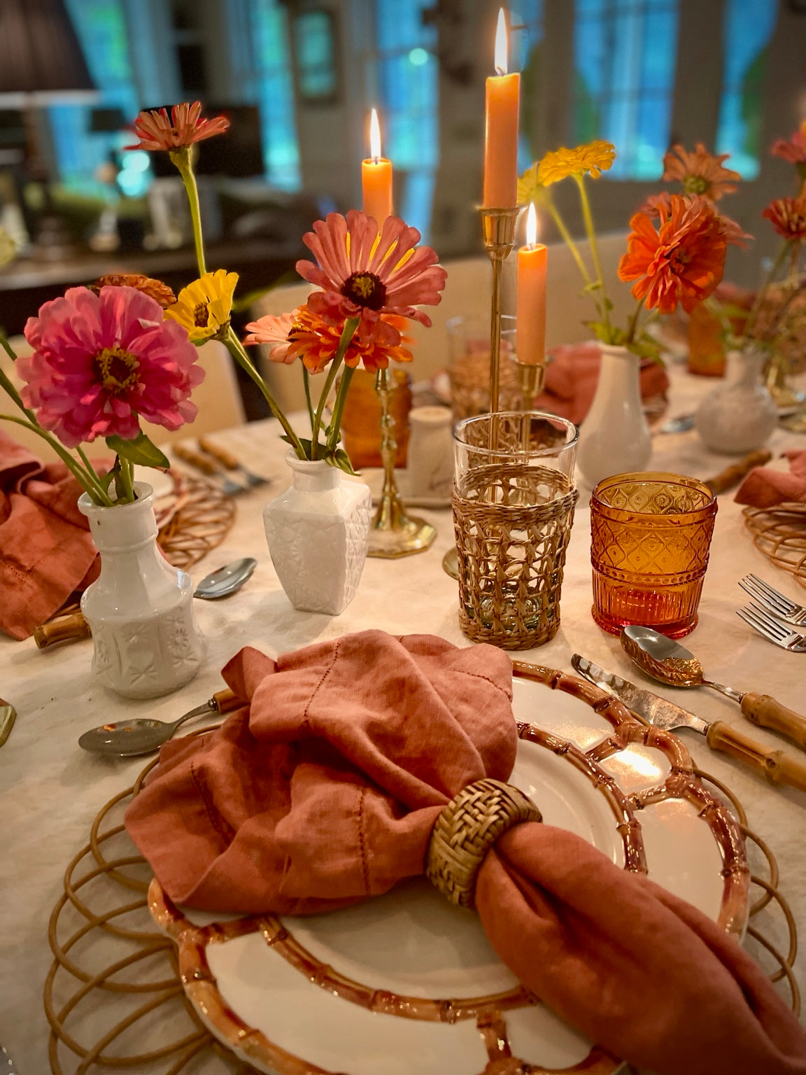Table Terrain fall table with garden flowers, candlelight, coral linen and natural textures