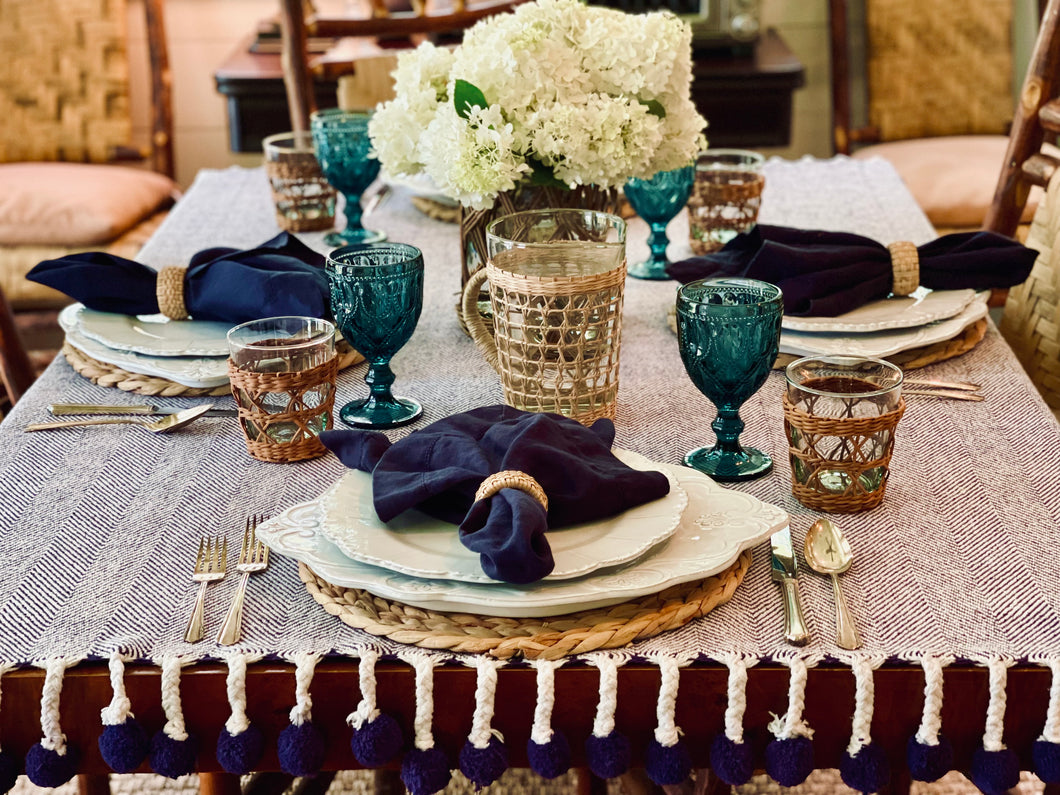 Table Topper, Blue w/Pom-Poms.