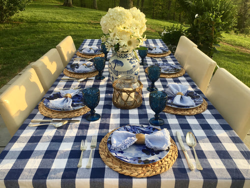 Classic blue-and-white table setting from the You Blue Me Away kit with vases
