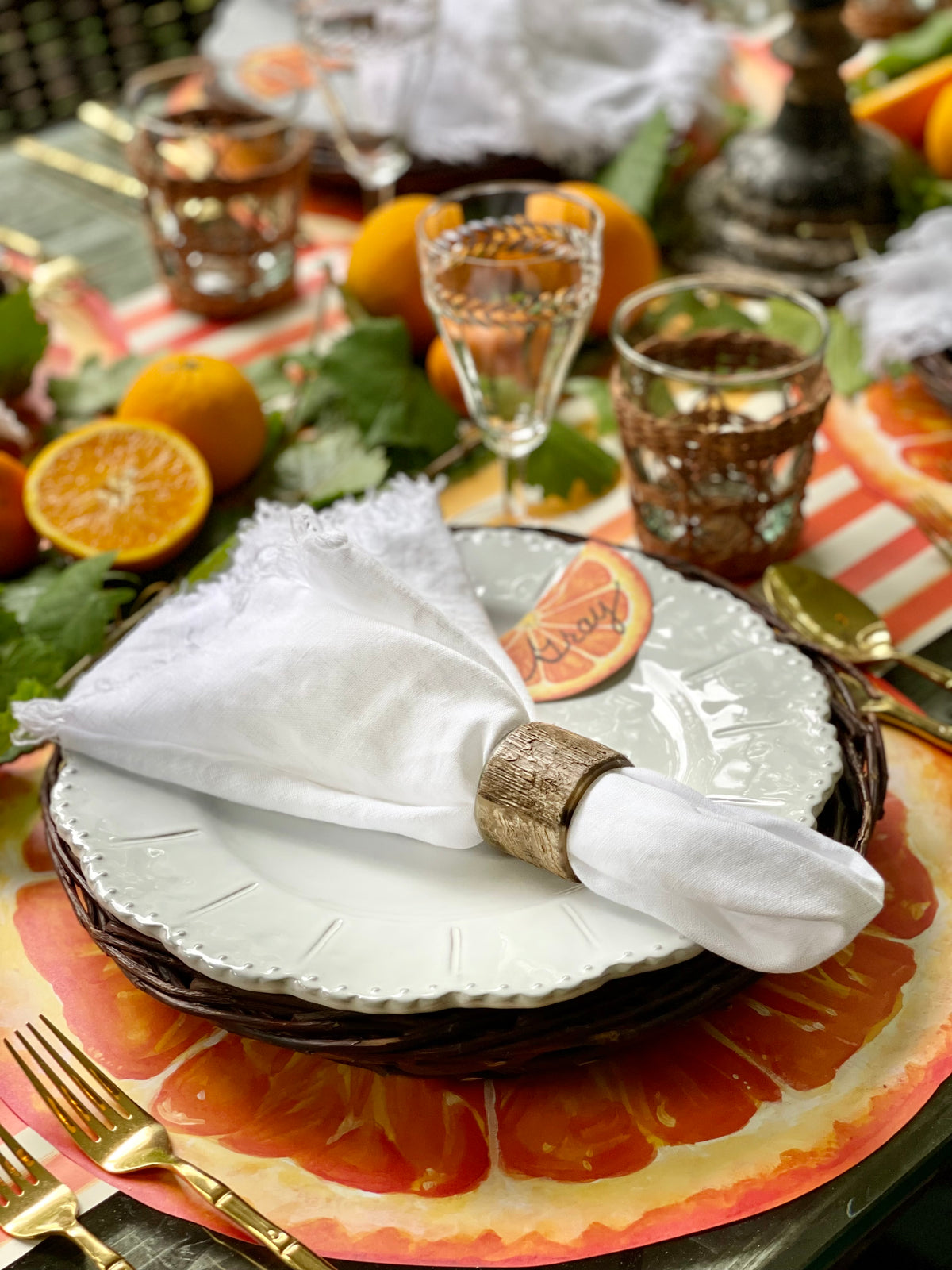 Natural horn napkin rings styled with linen napkins