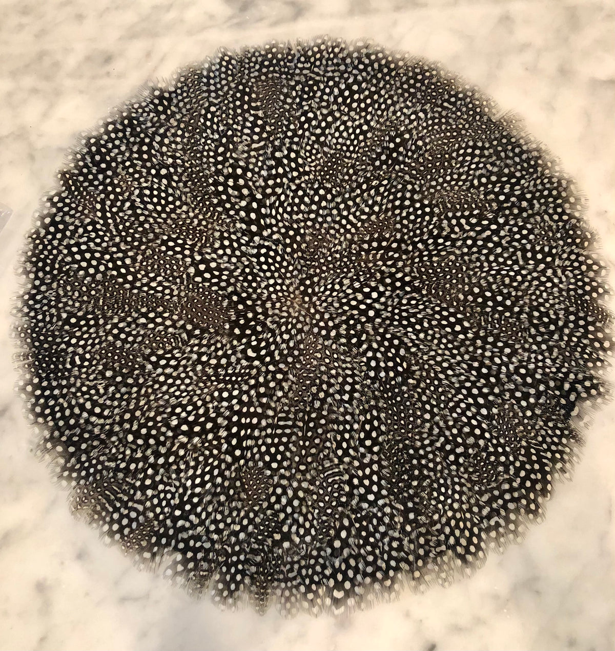 Guinea feather placemat with natural black-and-white pattern